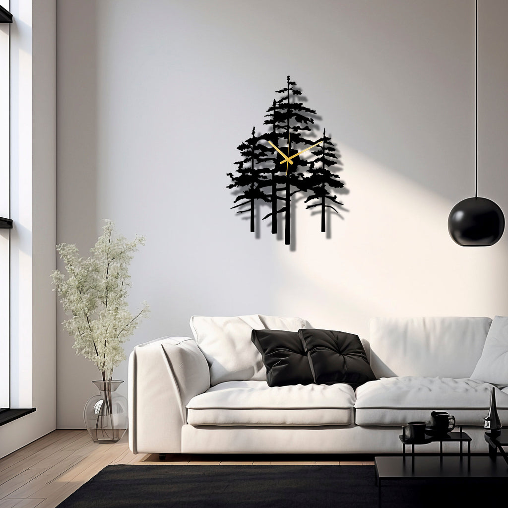 Pine Tree Metal Wall Clock, Unique Nature Inspired Home Decor For Farmhouse Living Room Or Cabin