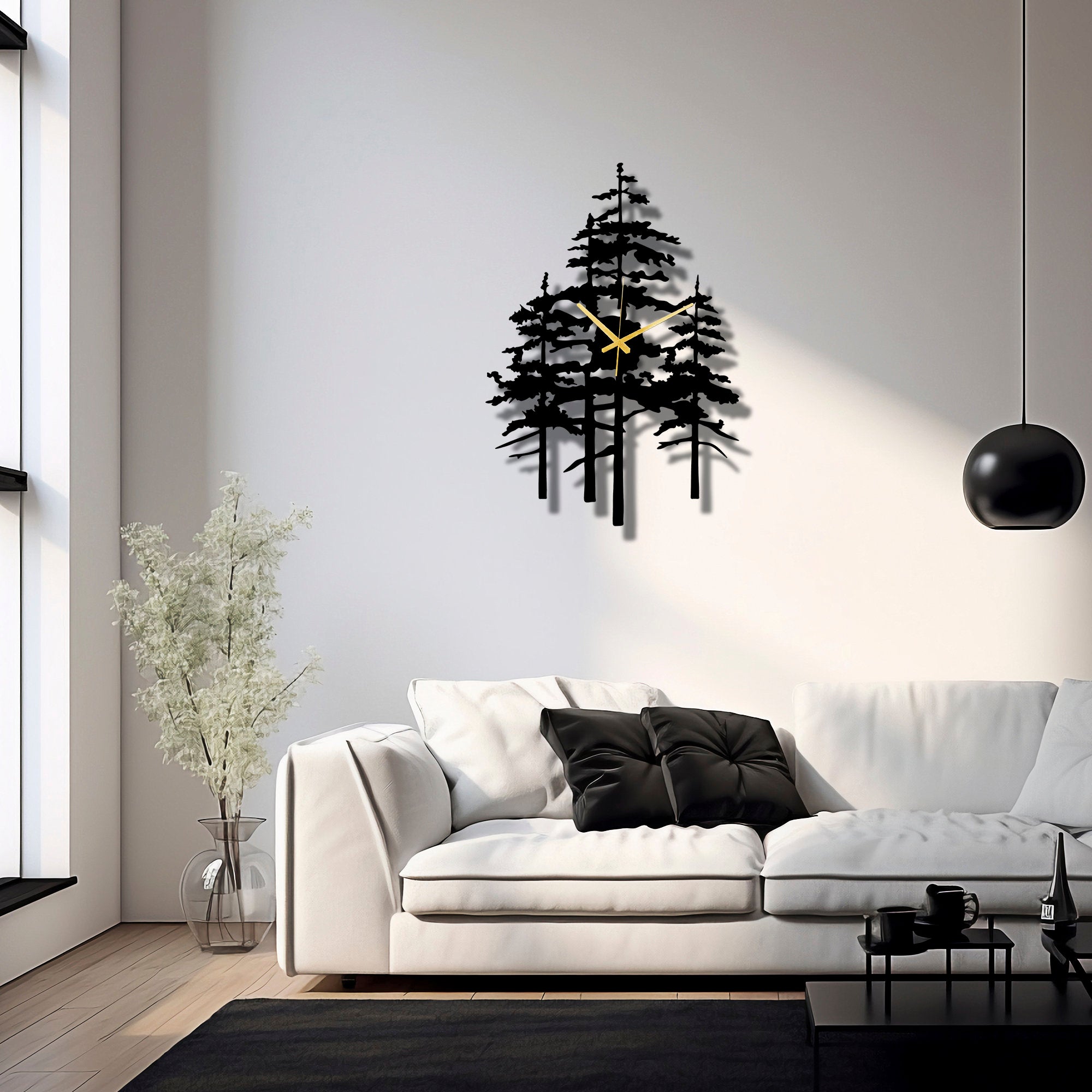 Pine Tree Metal Wall Clock, Unique Nature Inspired Home Decor For Farmhouse Living Room Or Cabin