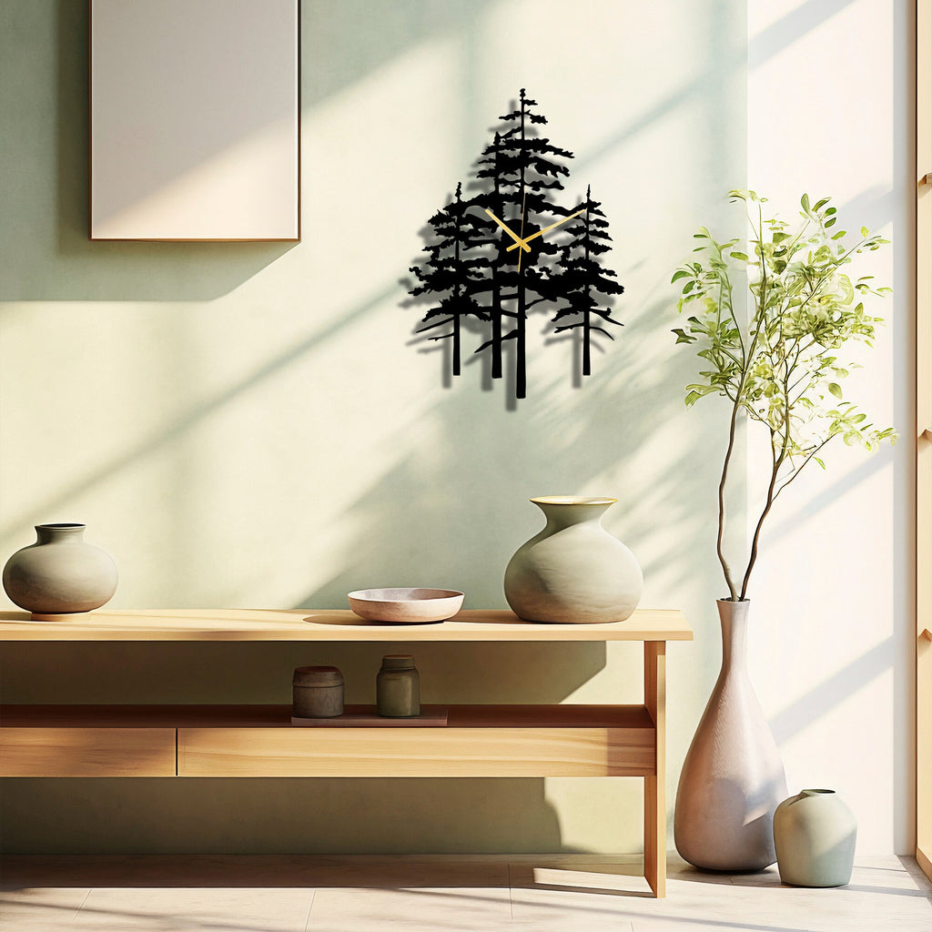 Pine Tree Metal Wall Clock, Unique Nature Inspired Home Decor For Farmhouse Living Room Or Cabin