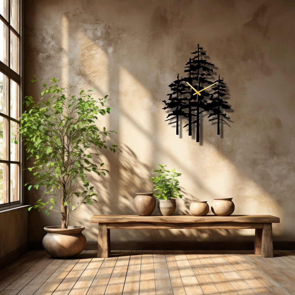Pine Tree Metal Wall Clock, Unique Nature Inspired Home Decor For Farmhouse Living Room Or Cabin