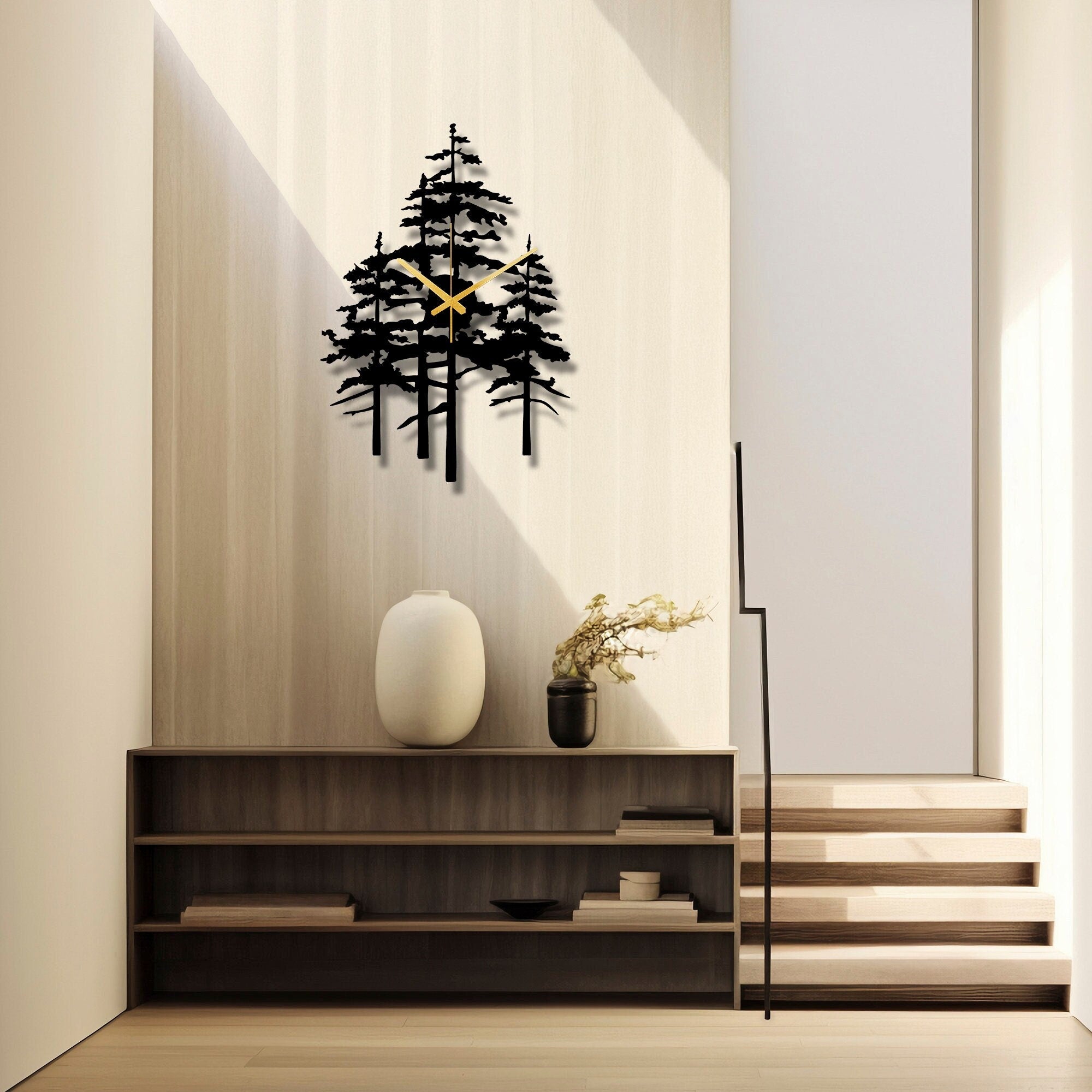 Pine Tree Metal Wall Clock, Unique Nature Inspired Home Decor For Farmhouse Living Room Or Cabin