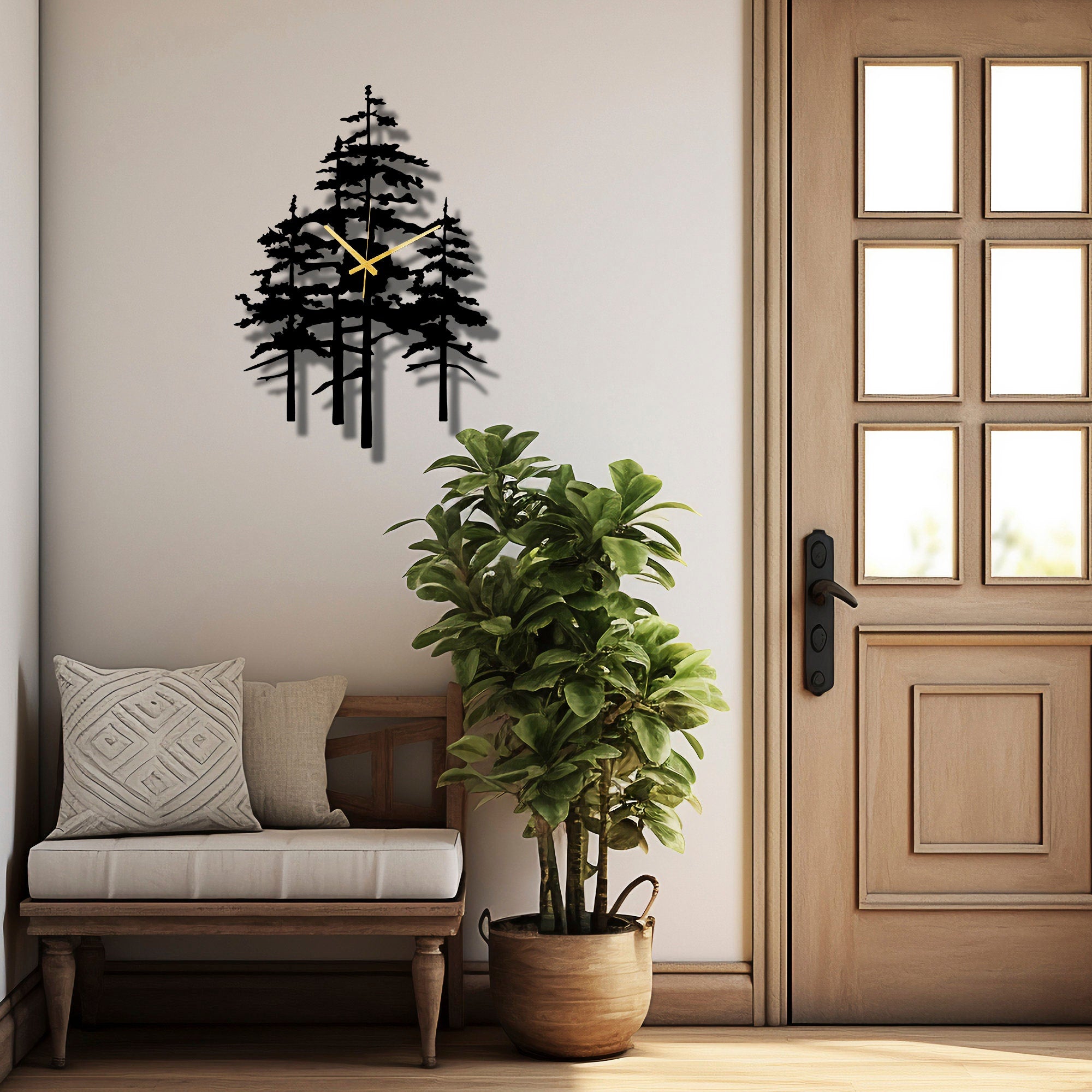 Pine Tree Metal Wall Clock, Unique Nature Inspired Home Decor For Farmhouse Living Room Or Cabin