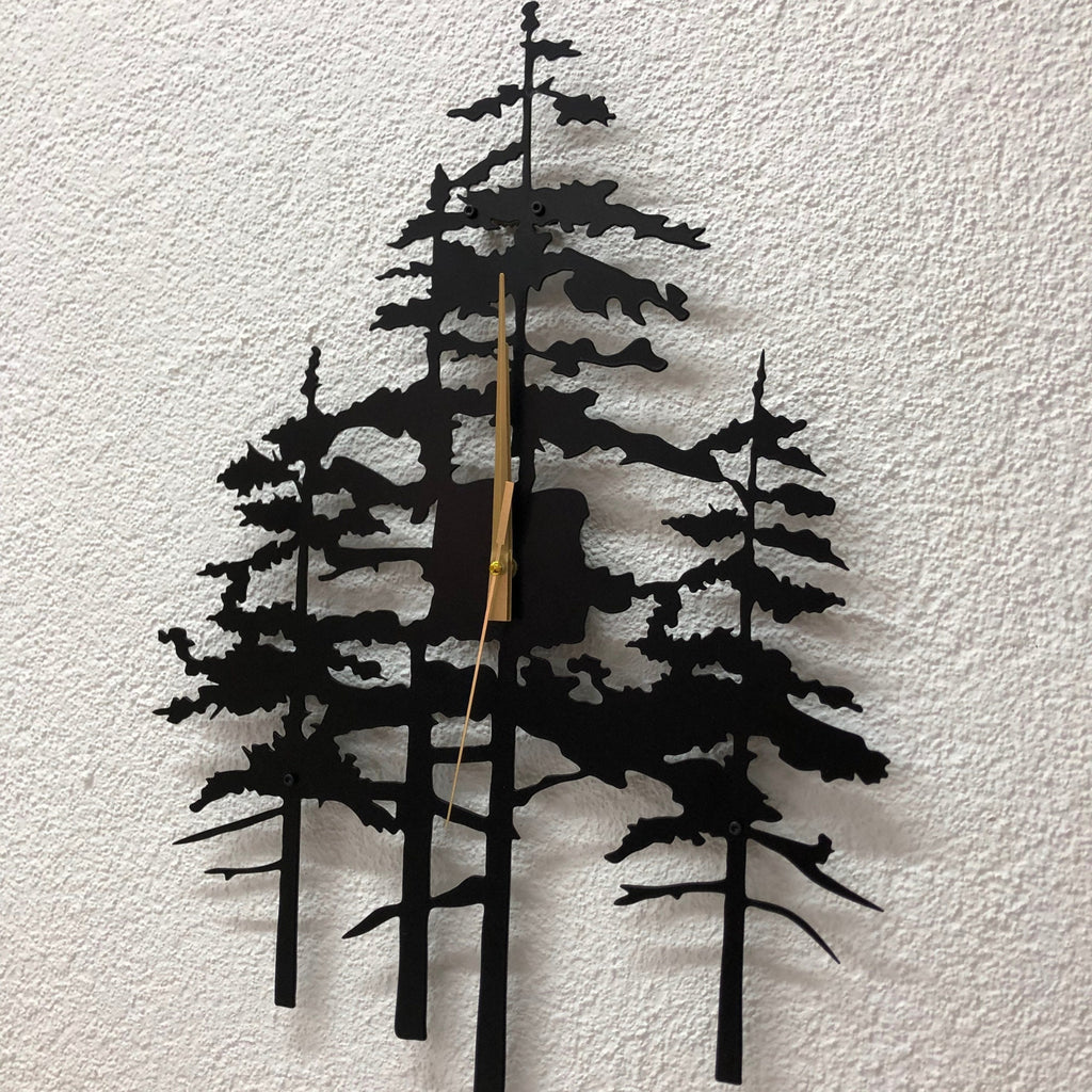 Pine Tree Metal Wall Clock, Unique Nature Inspired Home Decor For Farmhouse Living Room Or Cabin