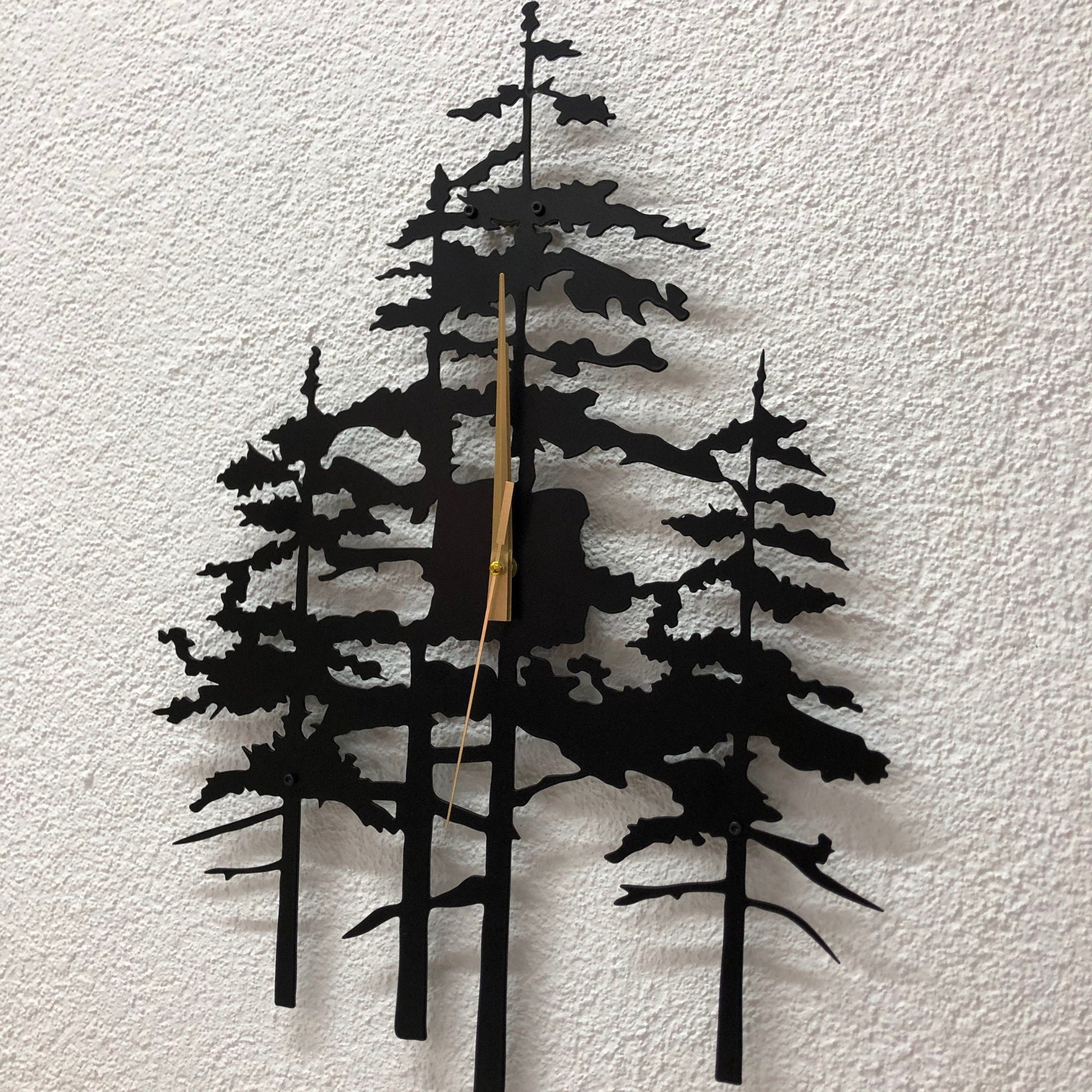 Pine Tree Metal Wall Clock, Unique Nature Inspired Home Decor For Farmhouse Living Room Or Cabin