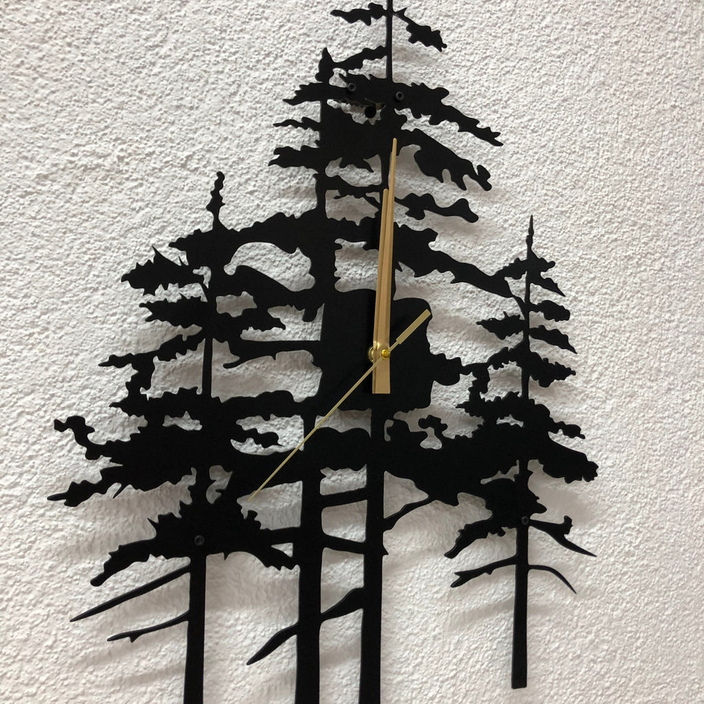 Pine Tree Metal Wall Clock, Unique Nature Inspired Home Decor For Farmhouse Living Room Or Cabin