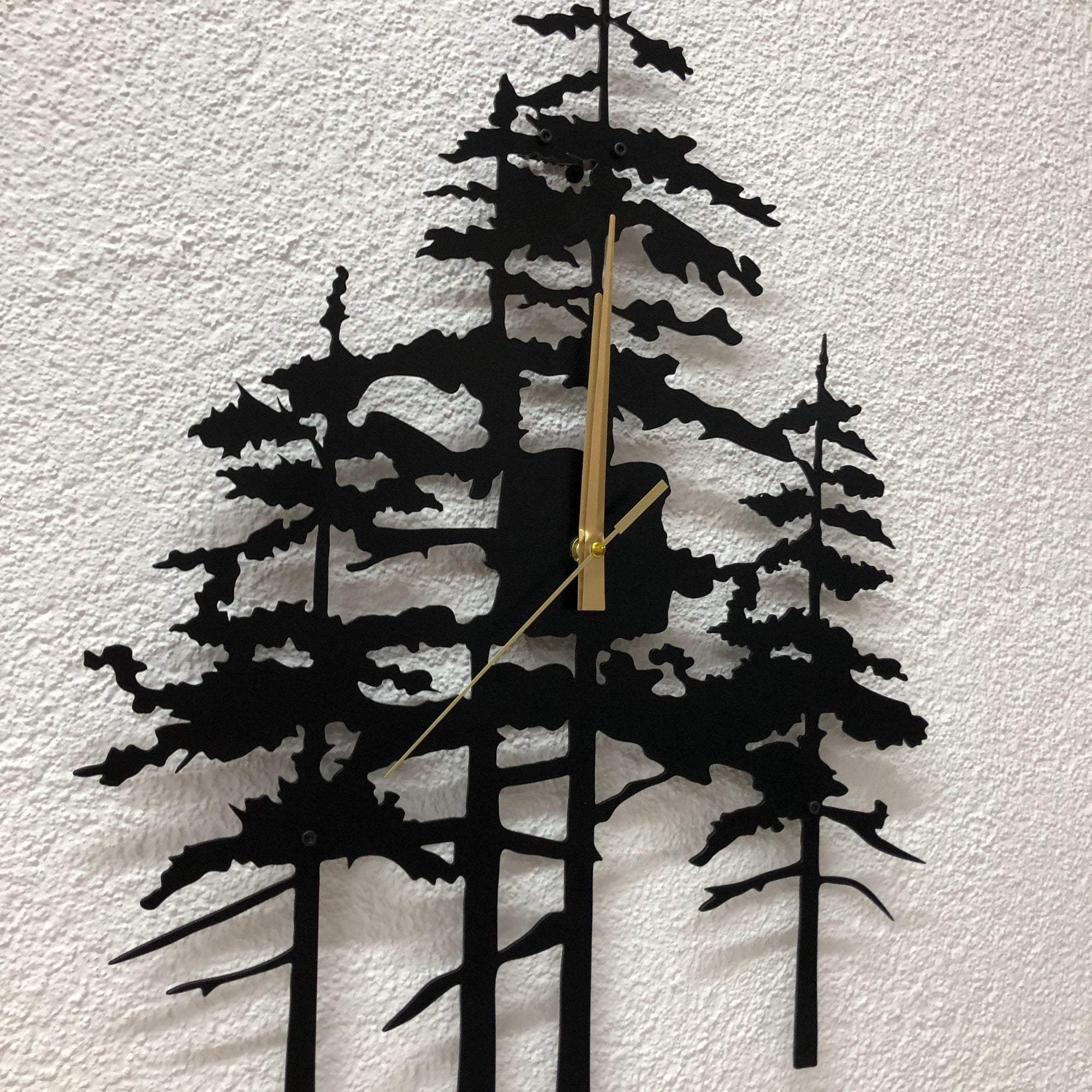 Pine Tree Metal Wall Clock, Unique Nature Inspired Home Decor For Farmhouse Living Room Or Cabin