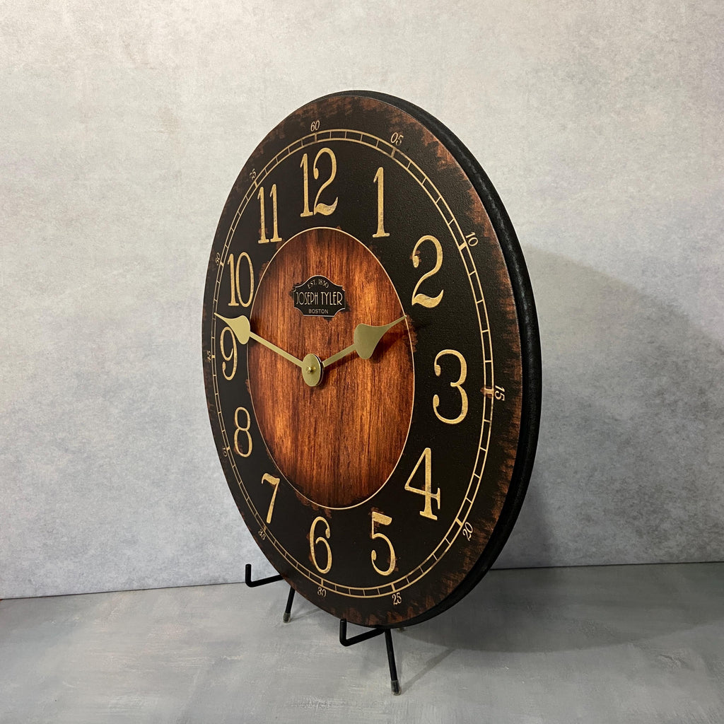 Rustic Black & Wood Wall Clock, 8 Sizes!!, Extra Quiet Mechanism, Lifetime Warranty, Optional To Add Your Words, Large Wall Clock