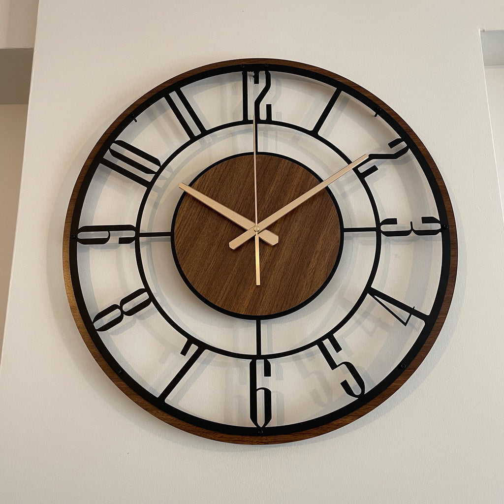 Large Wooden Metal Wall Clock, Mid Century Modern Wood Wall Clock, Farmhouse Clock Gift, Unique Silent Clock, Modern Metal Wooden Clock Gift