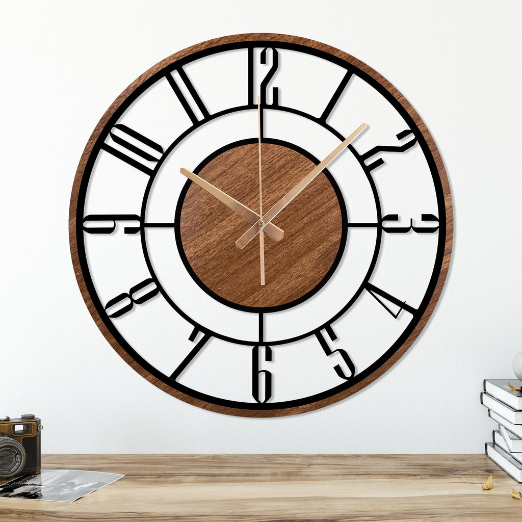 Large Wooden Metal Wall Clock, Mid Century Modern Wood Wall Clock, Farmhouse Clock Gift, Unique Silent Clock, Modern Metal Wooden Clock Gift