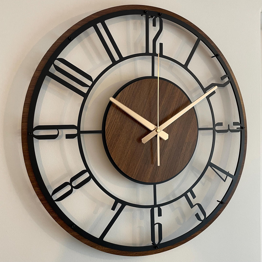 Large Wooden Metal Wall Clock, Mid Century Modern Wood Wall Clock, Farmhouse Clock Gift, Unique Silent Clock, Modern Metal Wooden Clock Gift