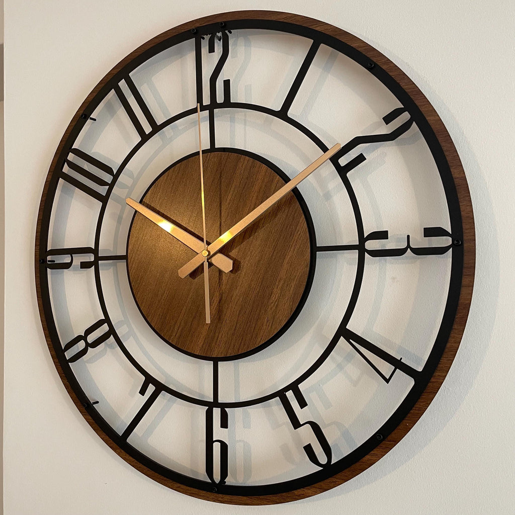 Large Wooden Metal Wall Clock, Mid Century Modern Wood Wall Clock, Farmhouse Clock Gift, Unique Silent Clock, Modern Metal Wooden Clock Gift