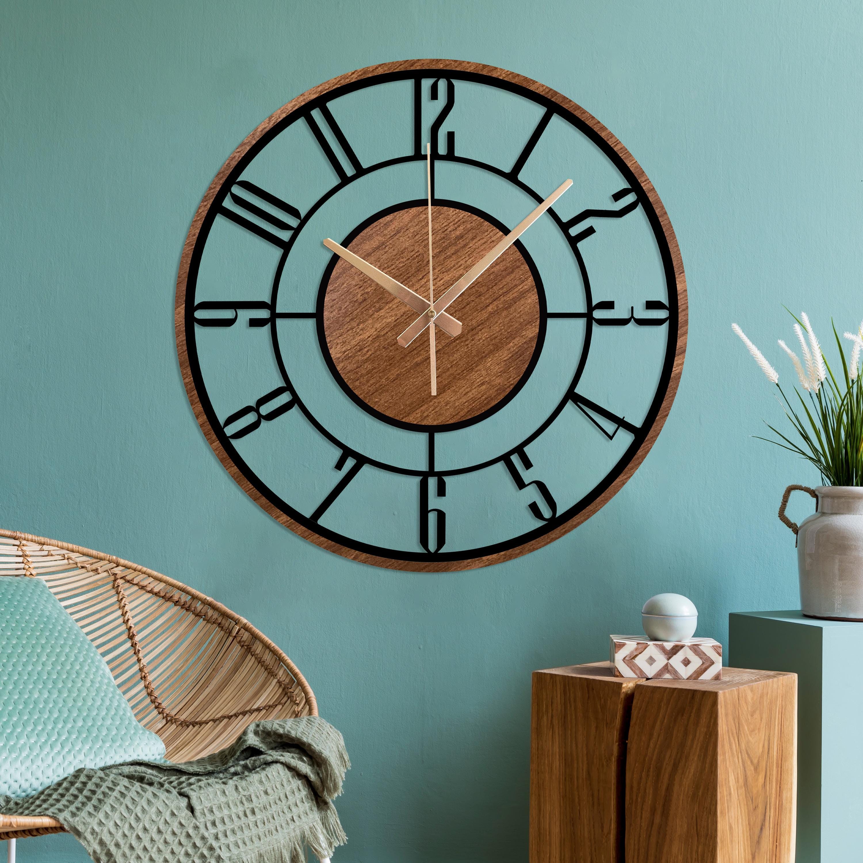 Large Wooden Metal Wall Clock, Mid Century Modern Wood Wall Clock, Farmhouse Clock Gift, Unique Silent Clock, Modern Metal Wooden Clock Gift
