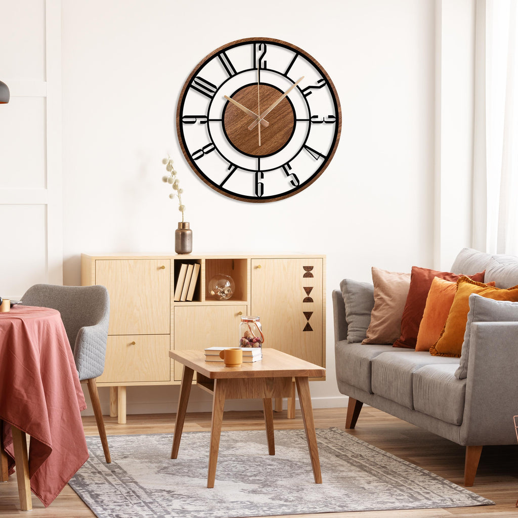 Large Wooden Metal Wall Clock, Mid Century Modern Wood Wall Clock, Farmhouse Clock Gift, Unique Silent Clock, Modern Metal Wooden Clock Gift
