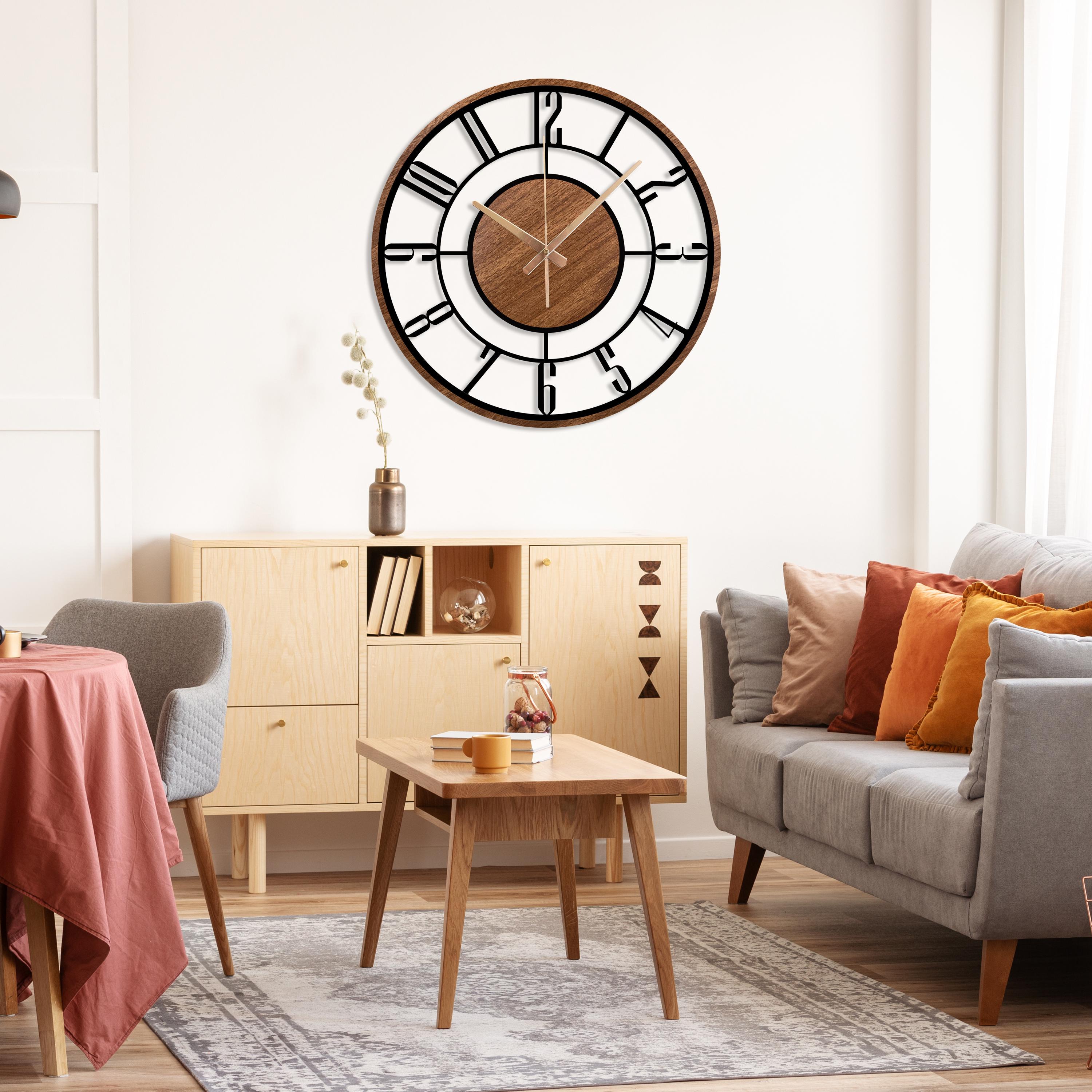 Large Wooden Metal Wall Clock, Mid Century Modern Wood Wall Clock, Farmhouse Clock Gift, Unique Silent Clock, Modern Metal Wooden Clock Gift
