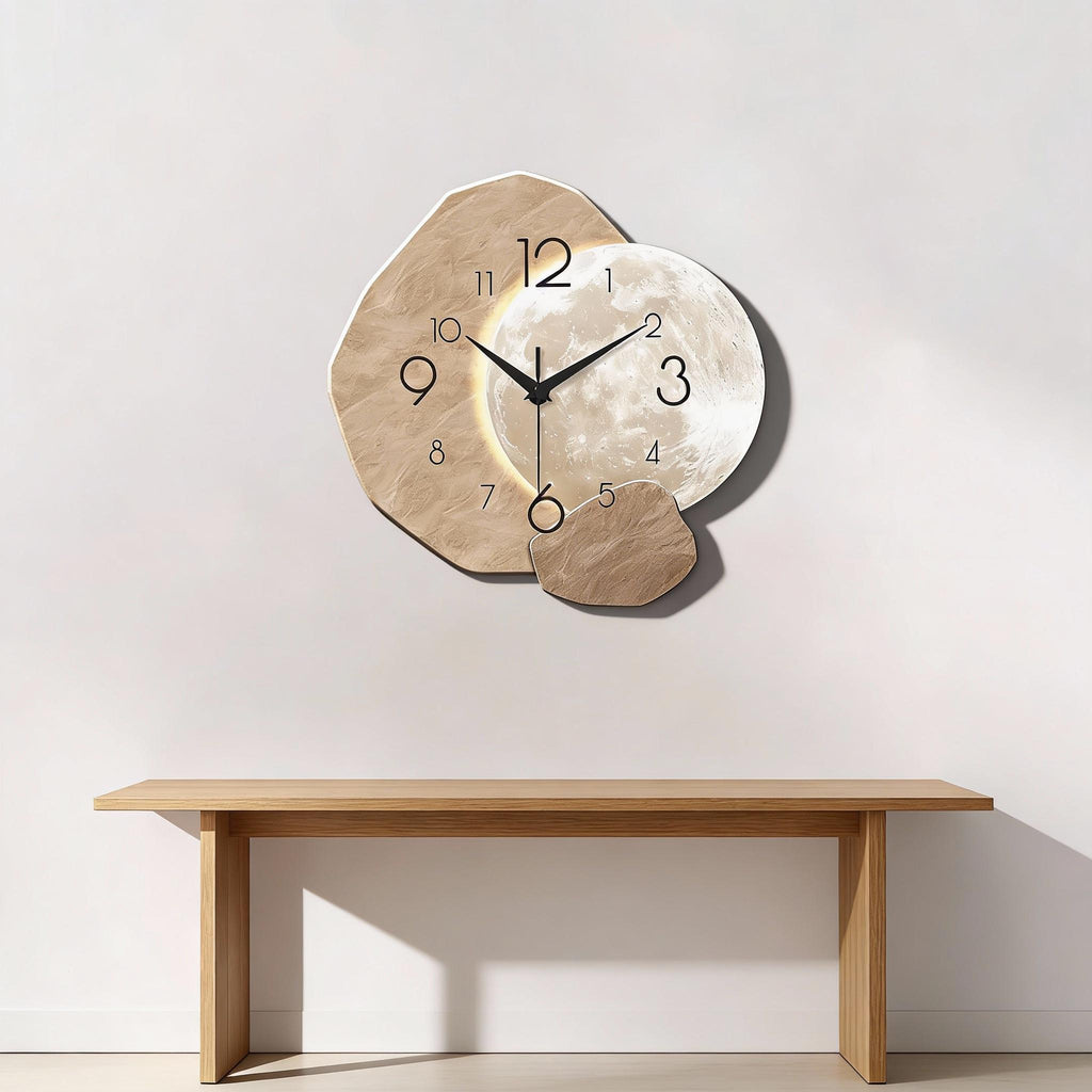 Moon Phase Wooden Wall Clock, Modern Silent Quartz Clock For Living Room Decor