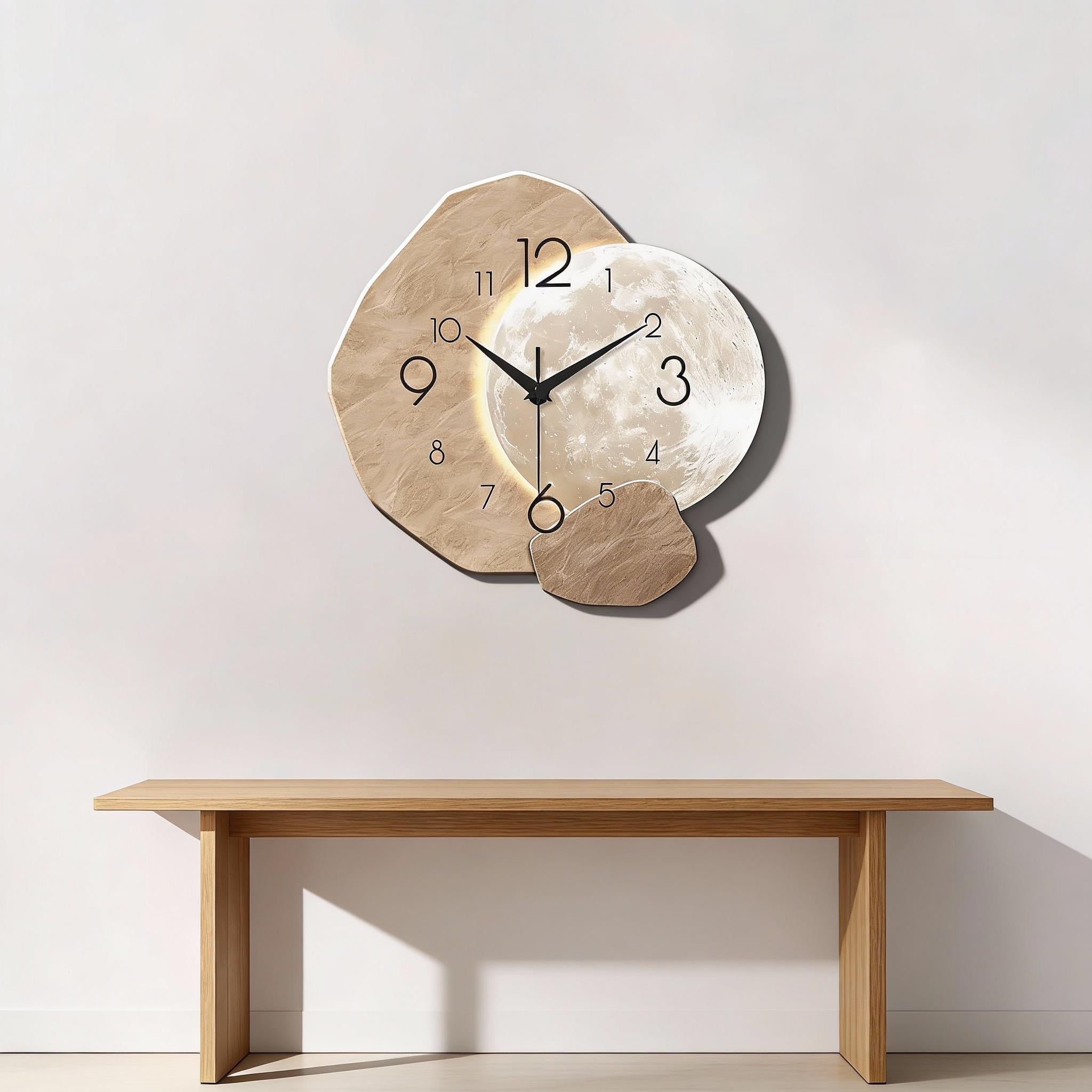 Moon Phase Wooden Wall Clock, Modern Silent Quartz Clock For Living Room Decor