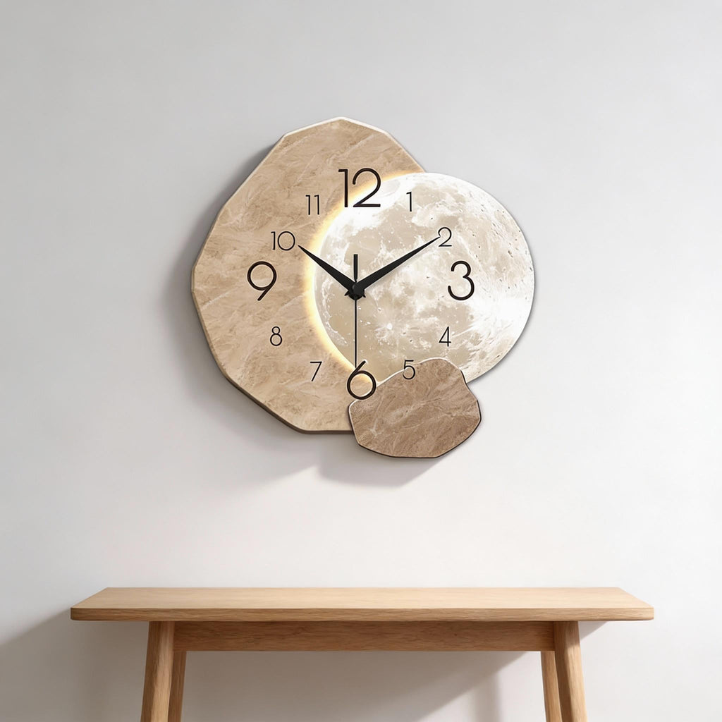 Moon Phase Wooden Wall Clock, Modern Silent Quartz Clock For Living Room Decor