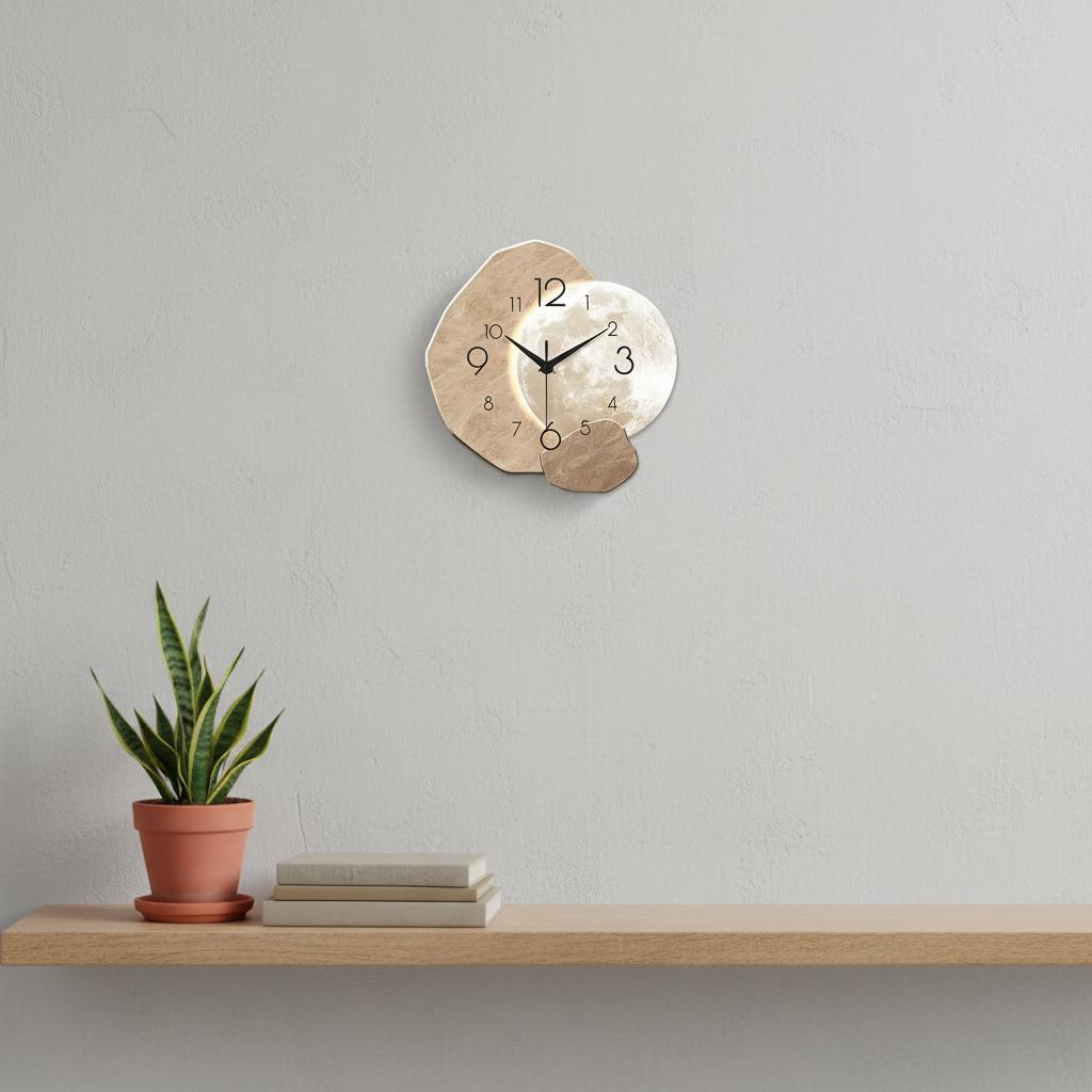 Moon Phase Wooden Wall Clock, Modern Silent Quartz Clock For Living Room Decor