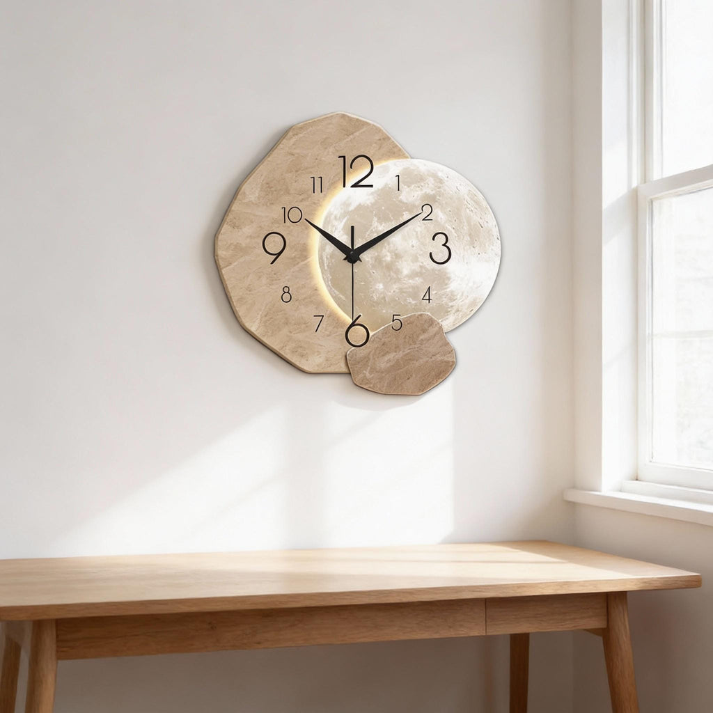 Moon Phase Wooden Wall Clock, Modern Silent Quartz Clock For Living Room Decor