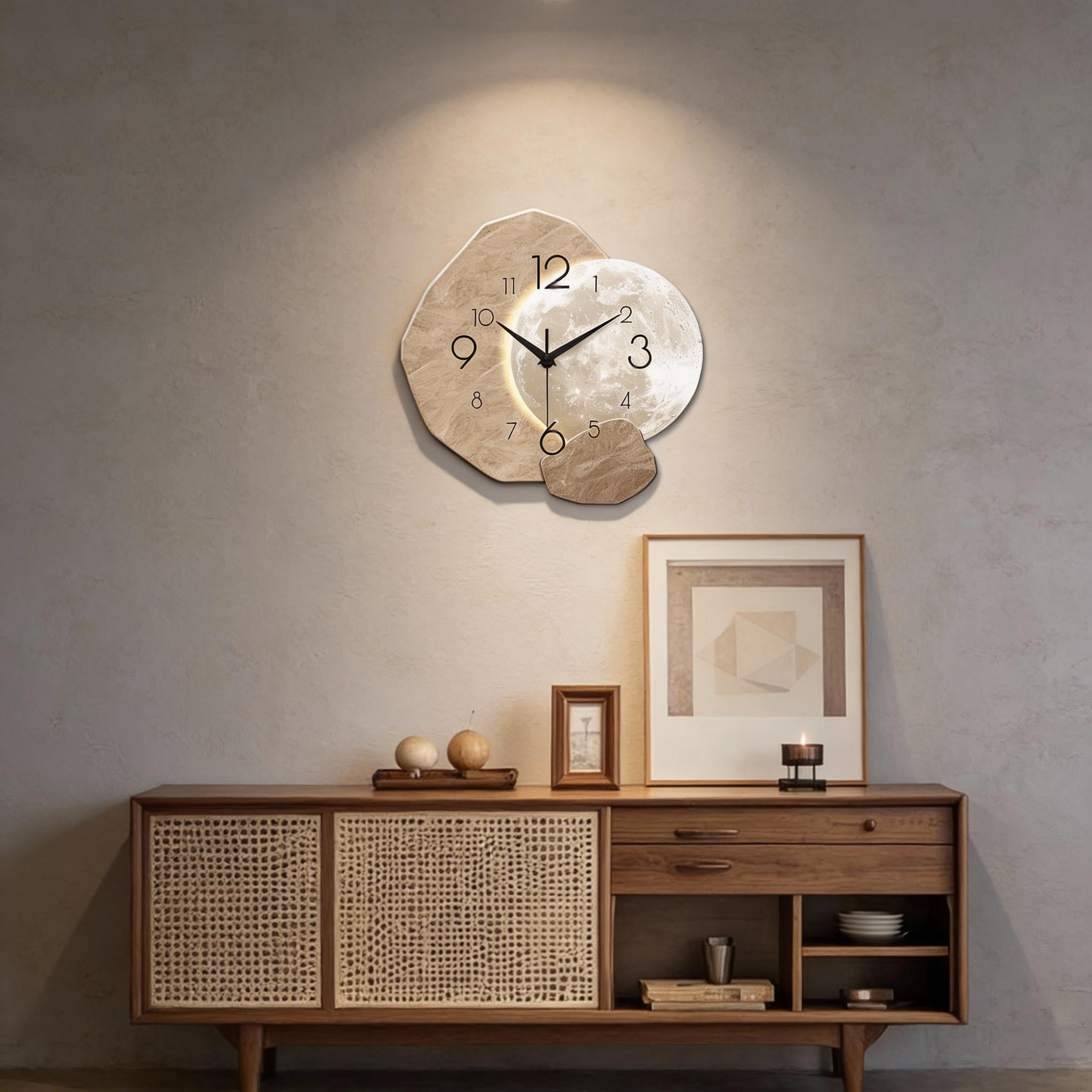 Moon Phase Wooden Wall Clock, Modern Silent Quartz Clock For Living Room Decor