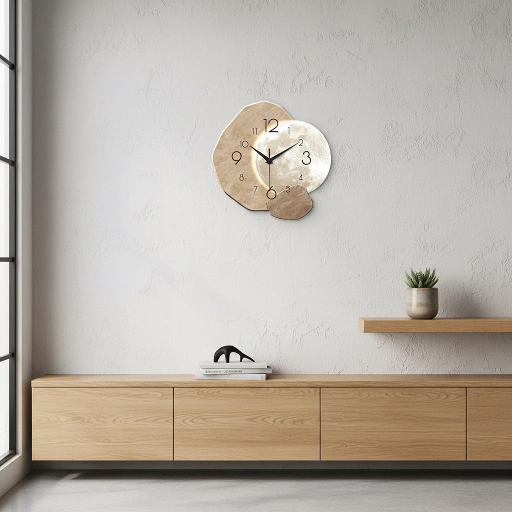 Moon Phase Wooden Wall Clock, Modern Silent Quartz Clock For Living Room Decor