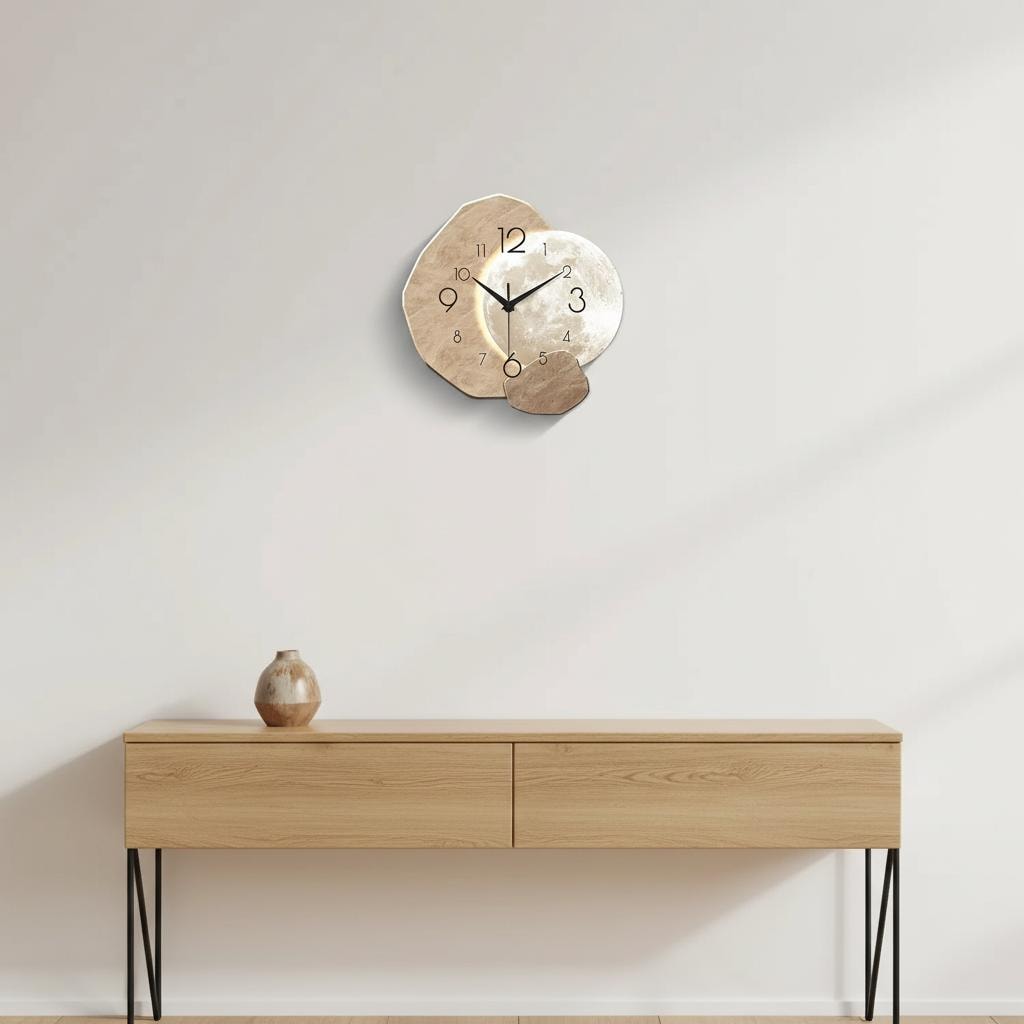 Moon Phase Wooden Wall Clock, Modern Silent Quartz Clock For Living Room Decor