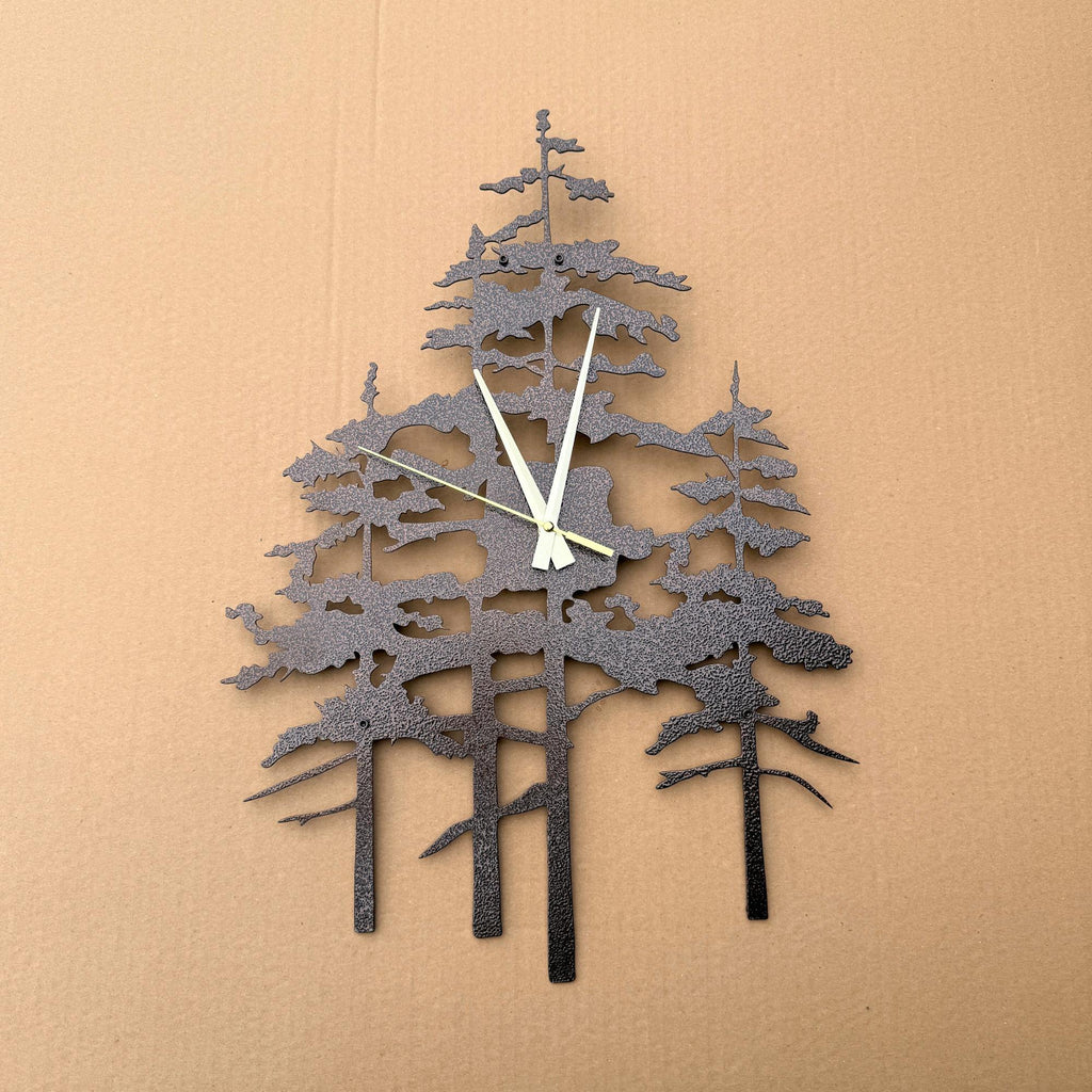 Pine Tree Metal Wall Clock, Unique Nature Inspired Home Decor For Farmhouse Living Room Or Cabin