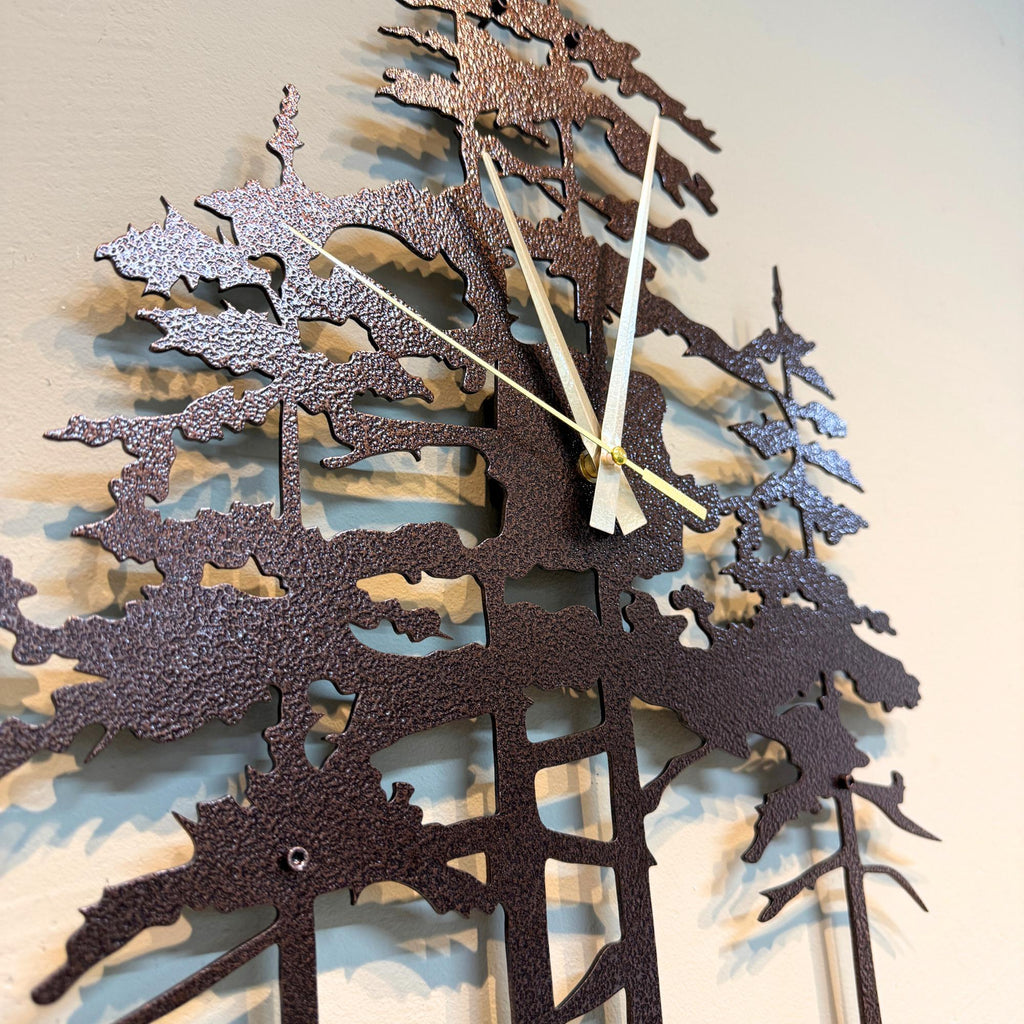 Pine Tree Metal Wall Clock, Unique Nature Inspired Home Decor For Farmhouse Living Room Or Cabin