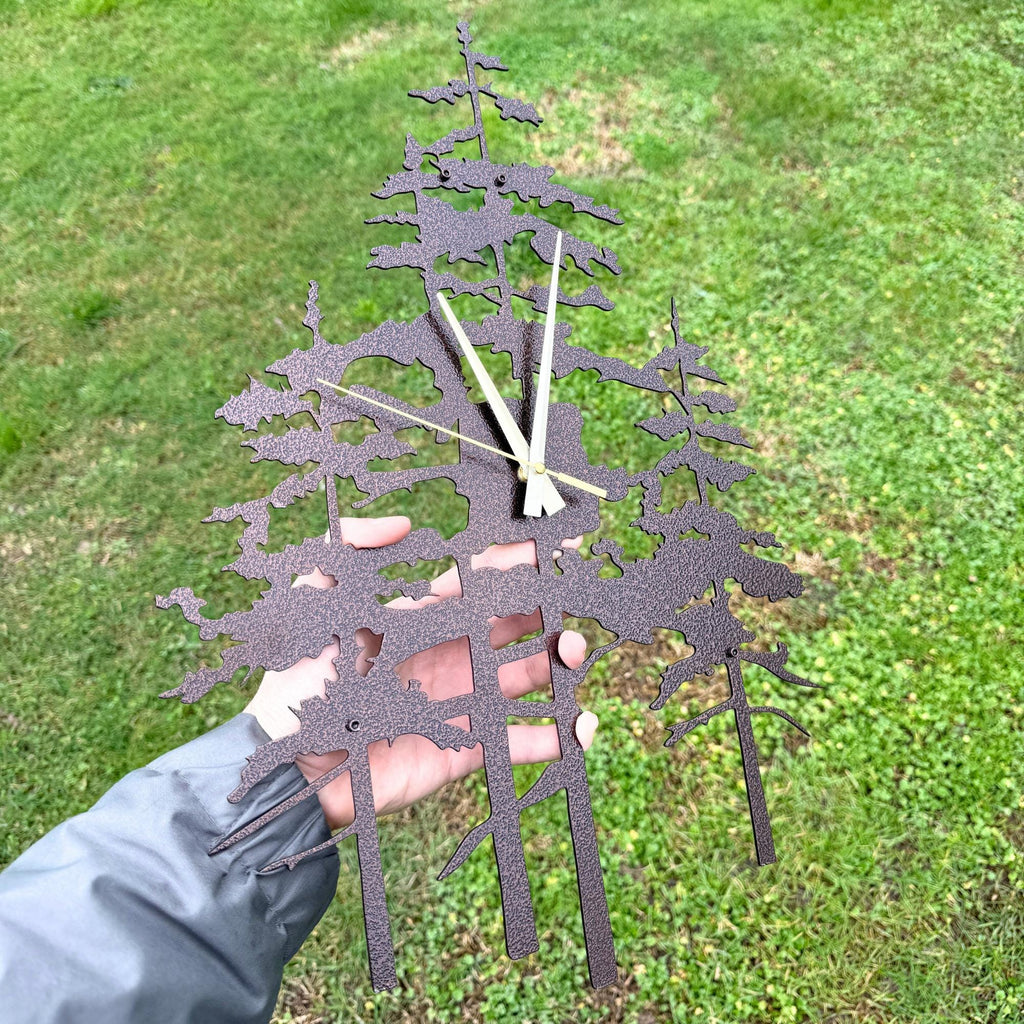 Pine Tree Metal Wall Clock, Unique Nature Inspired Home Decor For Farmhouse Living Room Or Cabin