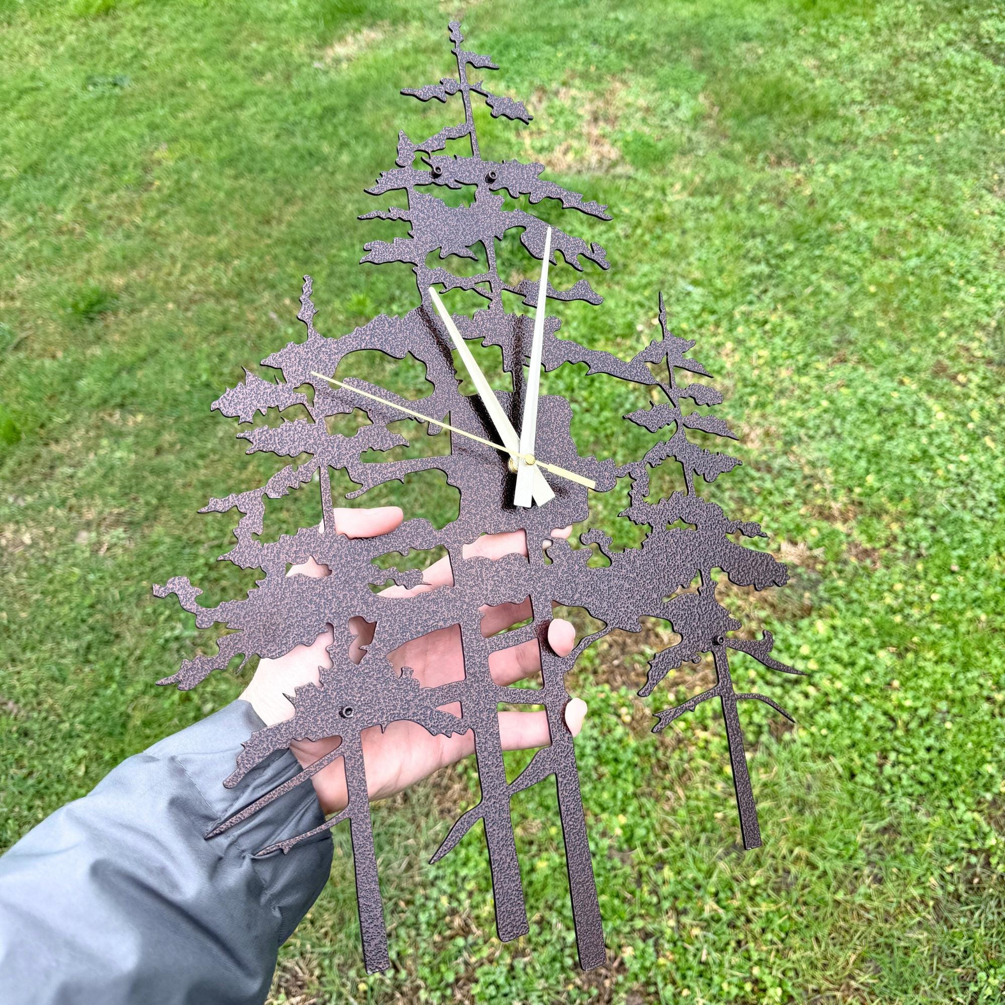 Pine Tree Metal Wall Clock, Unique Nature Inspired Home Decor For Farmhouse Living Room Or Cabin