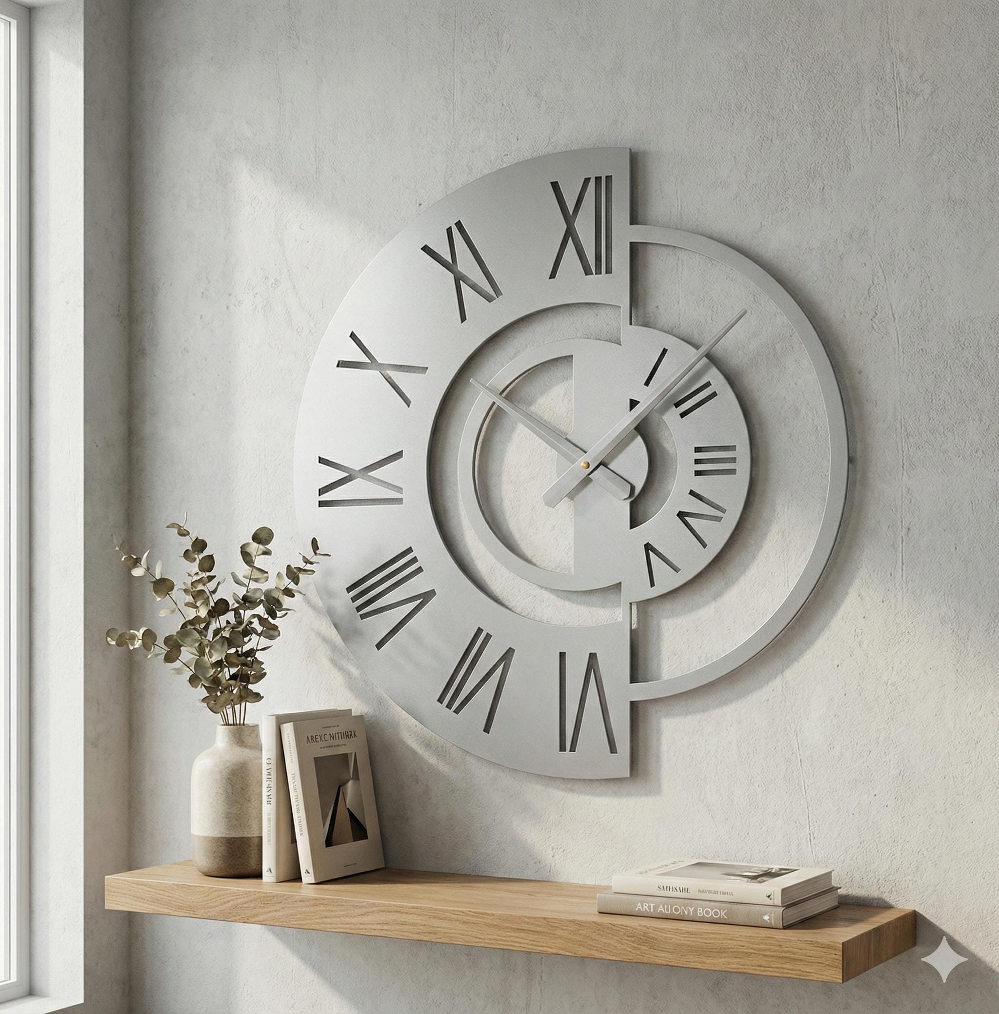 Modern Geometric Metal Wall Clock, Silent Minimalist Wall Art, Oversized Living Room Decor