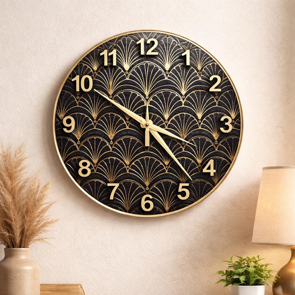 Art Deco Fan Glass Clock – Scallop Patterned Round Wall Timepiece, art deco wall clock,  art deco clock