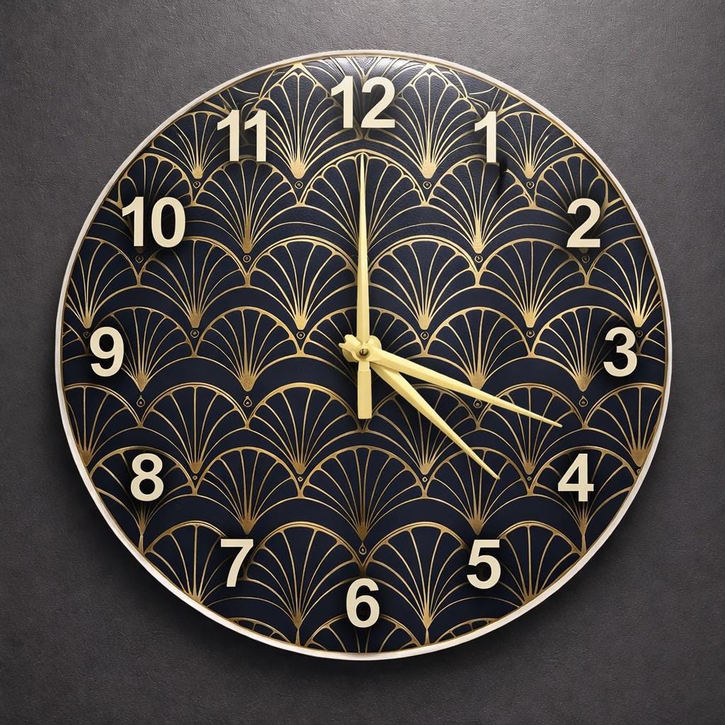Art Deco Fan Glass Clock – Scallop Patterned Round Wall Timepiece, art deco wall clock,  art deco clock