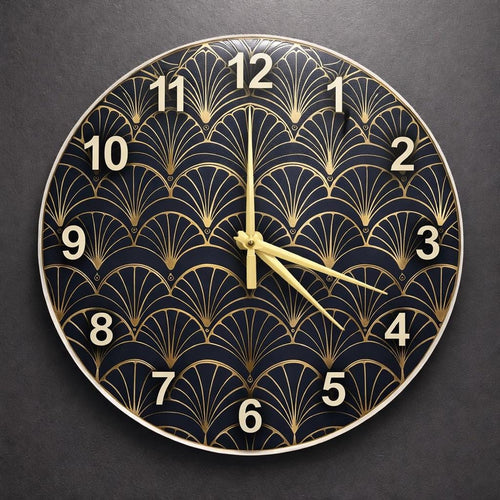 Art Deco Fan Glass Clock – Scallop Patterned Round Wall Timepiece, art deco wall clock,  art deco clock