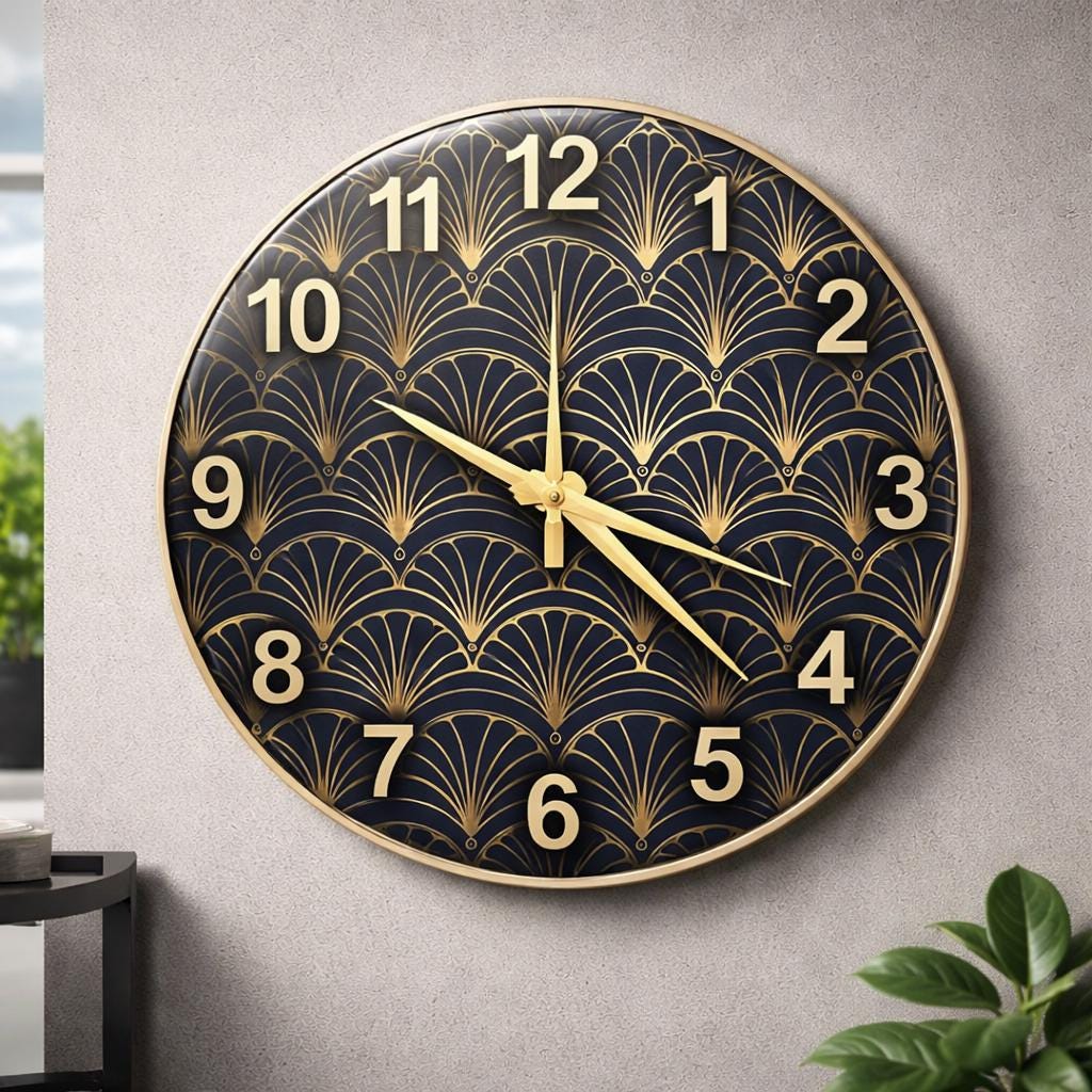 Art Deco Fan Glass Clock – Scallop Patterned Round Wall Timepiece, art deco wall clock,  art deco clock