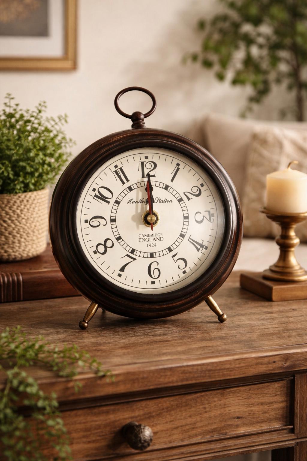 Retro Antique Style Table Clock, Wood Metal Glass, 6 Inch Brown Polished