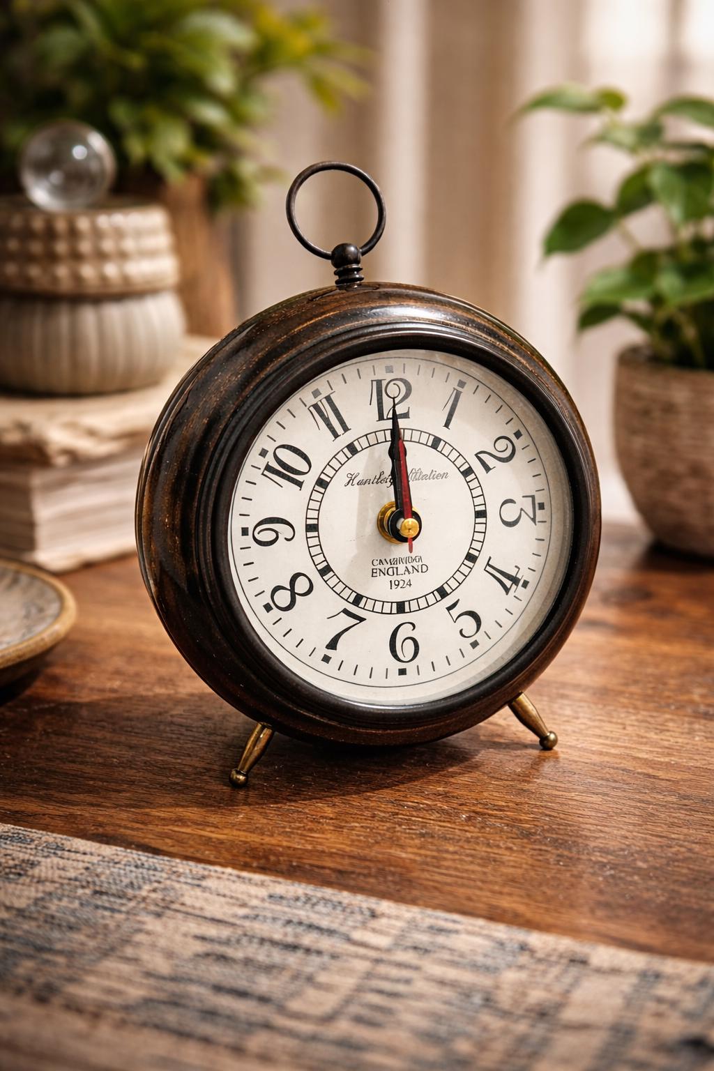 Retro Antique Style Table Clock, Wood Metal Glass, 6 Inch Brown Polished