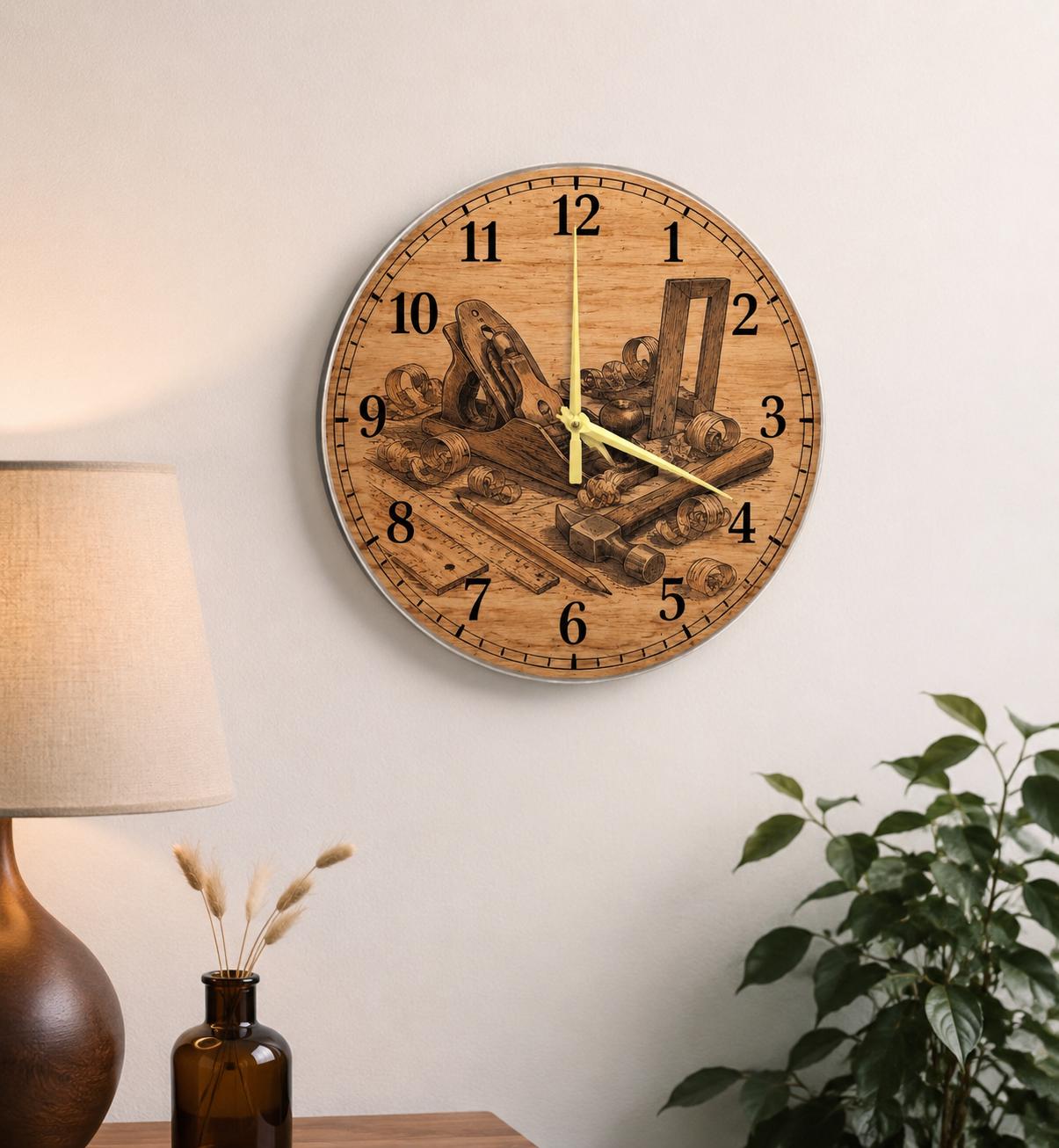 Carpenter Workshop Arc Glass Clock, Industrial Woodworking Decor, Artisan Studio Timepiece, Round Minimalist Wall Art
