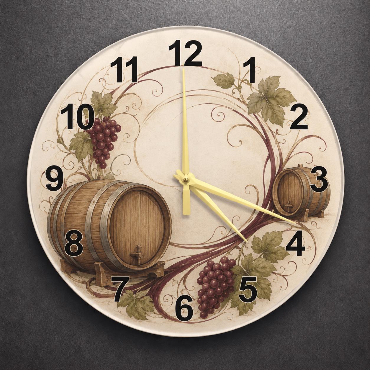 Rustic Wine Barrel Halo Glass Clock, Mediterranean Vineyard Wall Art, Aged Oak Texture Round Timepiece