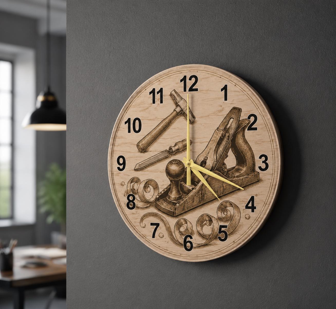 Carpenter Workshop Arc Glass Clock, Industrial Woodworking Decor, Artisan Studio Timepiece, Round Minimalist Wall Art