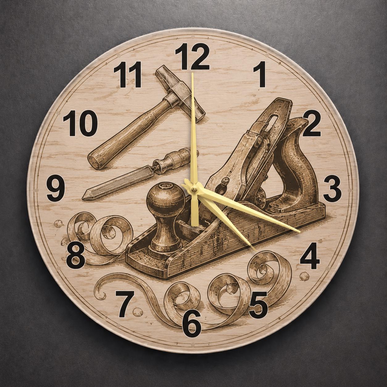 Carpenter Workshop Arc Glass Clock, Industrial Woodworking Decor, Artisan Studio Timepiece, Round Minimalist Wall Art