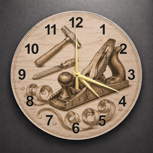 Carpenter Workshop Arc Glass Clock, Industrial Woodworking Decor, Artisan Studio Timepiece, Round Minimalist Wall Art
