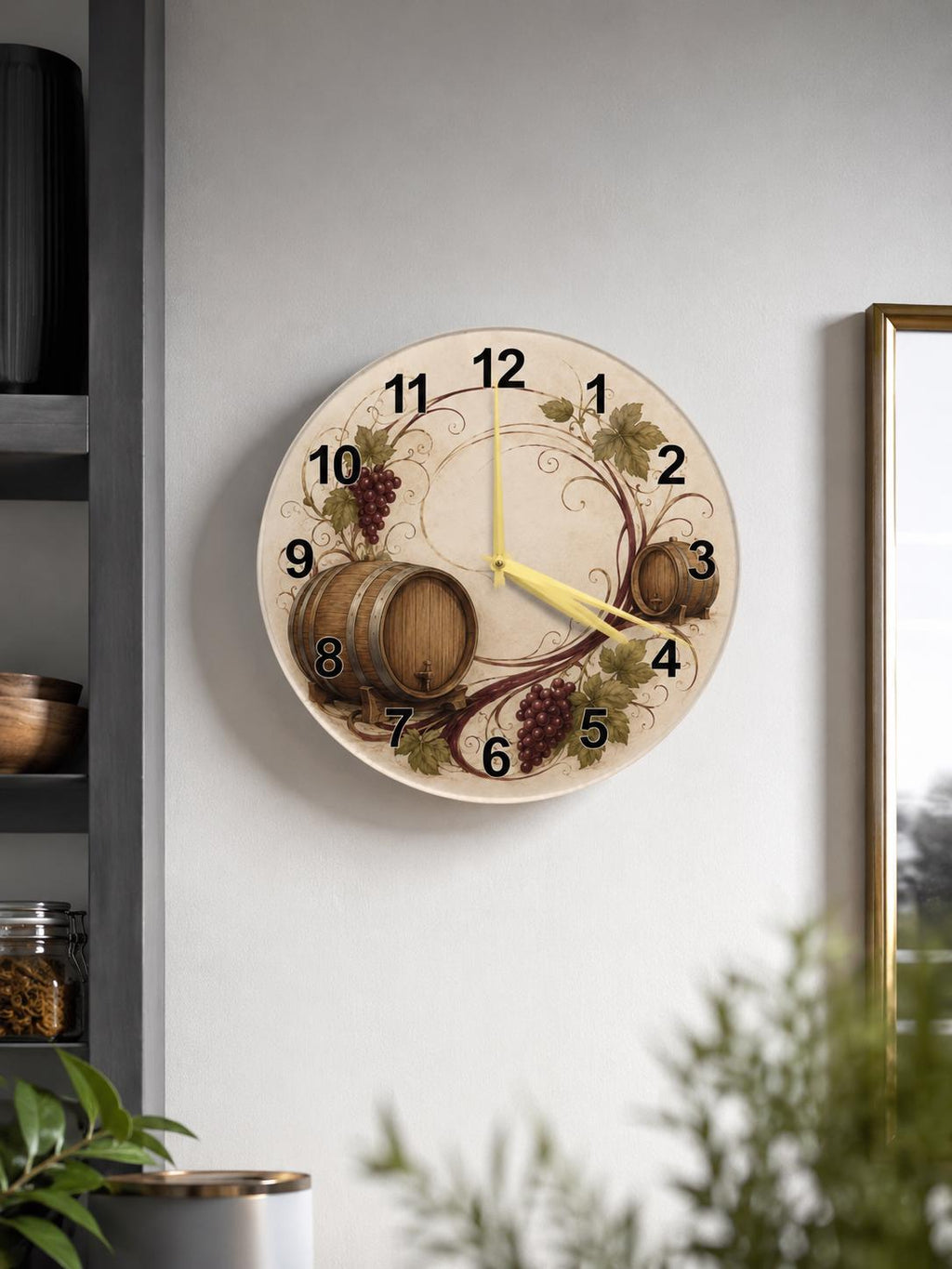Rustic Wine Barrel Halo Glass Clock, Mediterranean Vineyard Wall Art, Aged Oak Texture Round Timepiece