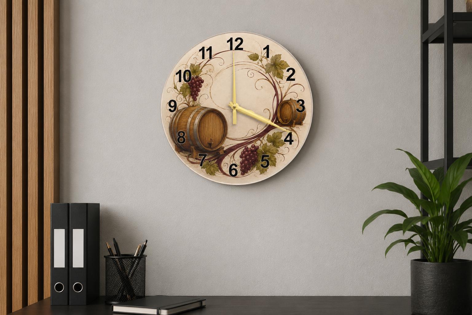 Rustic Wine Barrel Halo Glass Clock, Mediterranean Vineyard Wall Art, Aged Oak Texture Round Timepiece